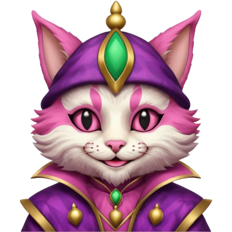 court jester cat medieval, single poker card joker clearly visible, pink, face only emoji