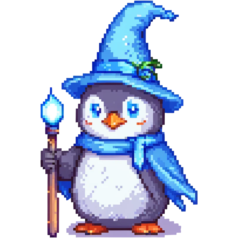 A penguin wizard with a blue hat and a glowing wand, retro video game aesthetic emoji