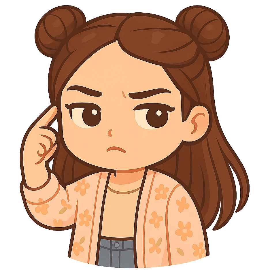 Create a chibi sticker of the girl from the reference image. She is twirling her finger at her temple with an unimpressed, judging expression (not angry). She has brown straight hair styled in double buns, brown eyes, wearing a pastel floral cardigan and jeans. The sticker should have a white outline and a transparent background, sized 512x512px. emoji