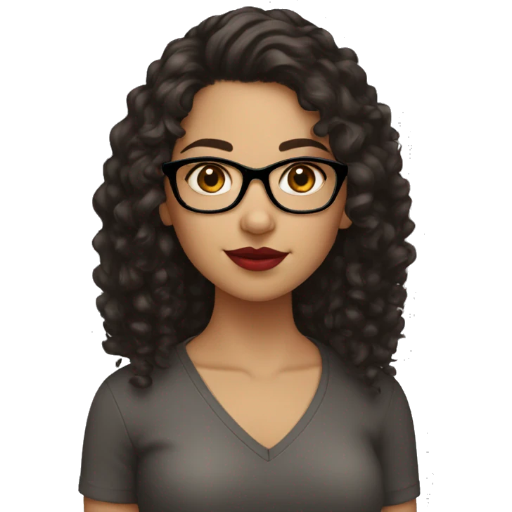 syrian girl, really dark brown hair, curly hair, dark brown eyes, black glasses, red lips. emoji