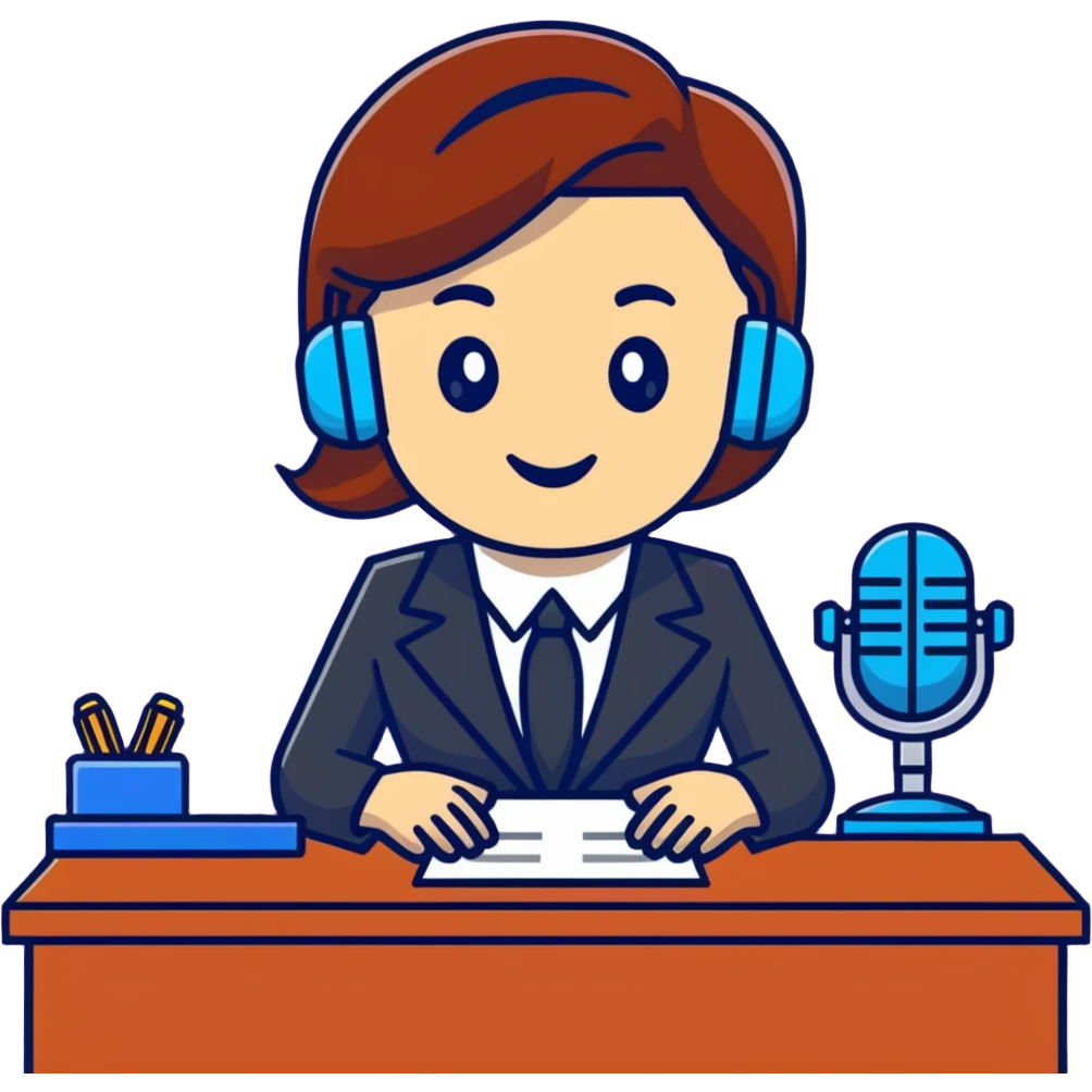 news anchor reporting at desk with microphone emoji