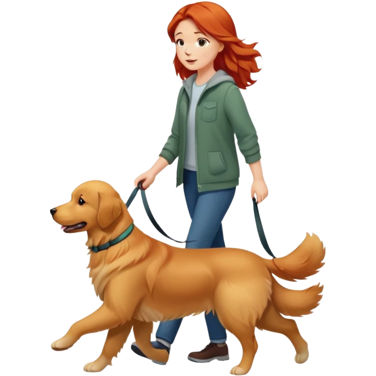 A red short-haired girl walking a golden retriever emoji
