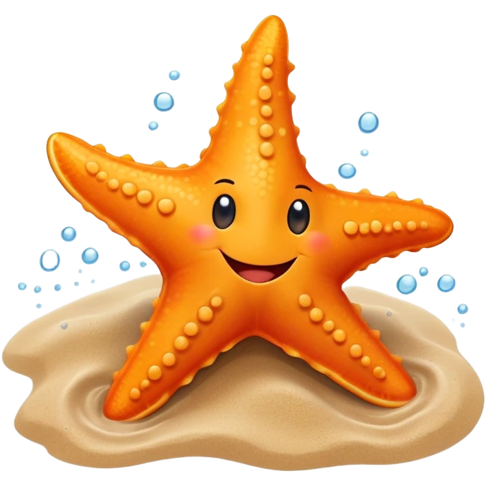 An orange starfish with a happy face smiles as it gently moves along the ocean floor emoji