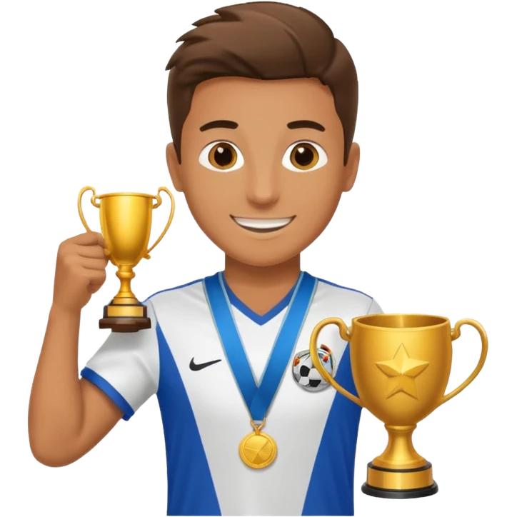 happy soccer player with a first-place medal and a trophy emoji