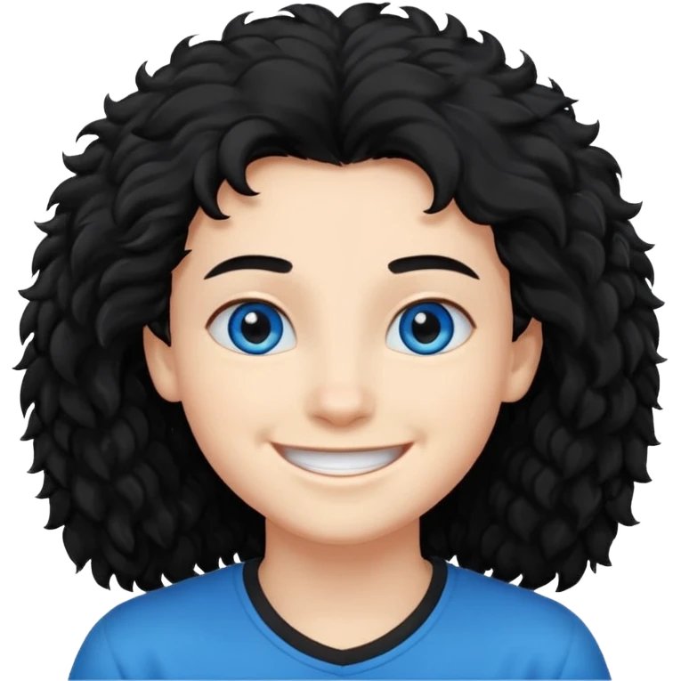 young face, blue eyes, black fluffy hair, smile emoji