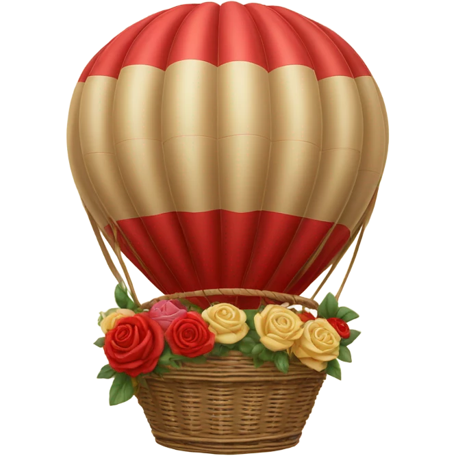 red hot air balloon and beige basket with roses emoji