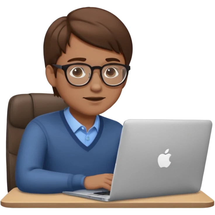 memoji of a man with a laptop in front, apple-style,modern,brown hair light skin ton and natural emotion looking on his pc emoji