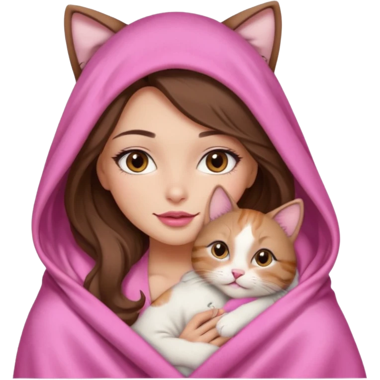 girl with long wavy brown hair, brown eyes, long lashes makeup, sexy pink lips, light to medium complexion, wearing a pink sexy silk top, big blanket over the head cozy holding a cat emoji