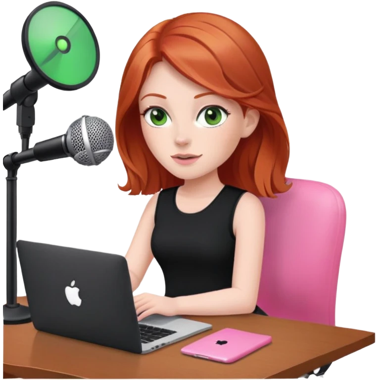Redhead with green eyes sat at desk with pink MacBook and  podcast microphone black top and pink chair  emoji