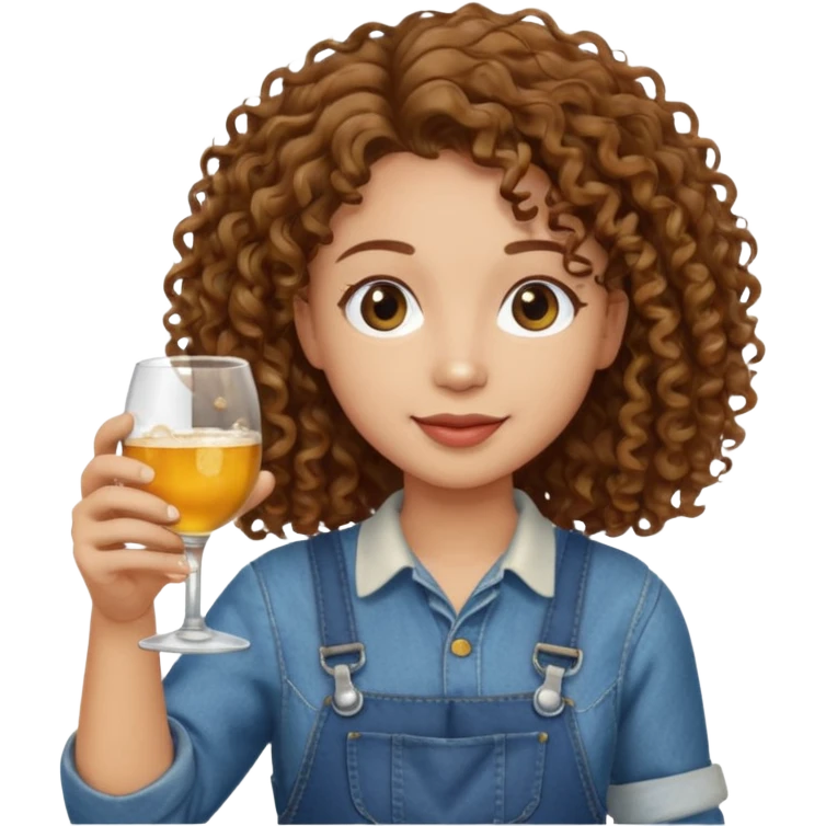 Curly haired curl with brown hair and light skin in overalls toasting with alcohol emoji