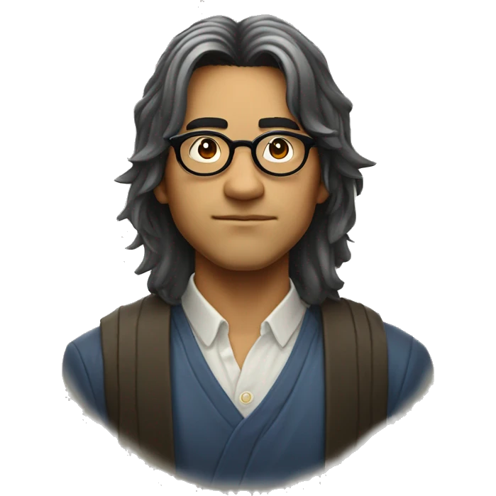 A Brazilian man nerd with a mystical Japanese vibe, wearing round glasses and medium-length hair with bangs. The character should have a thoughtful or intelligent expression, reflecting a fusion of Brazilian and Japanese culture. emoji