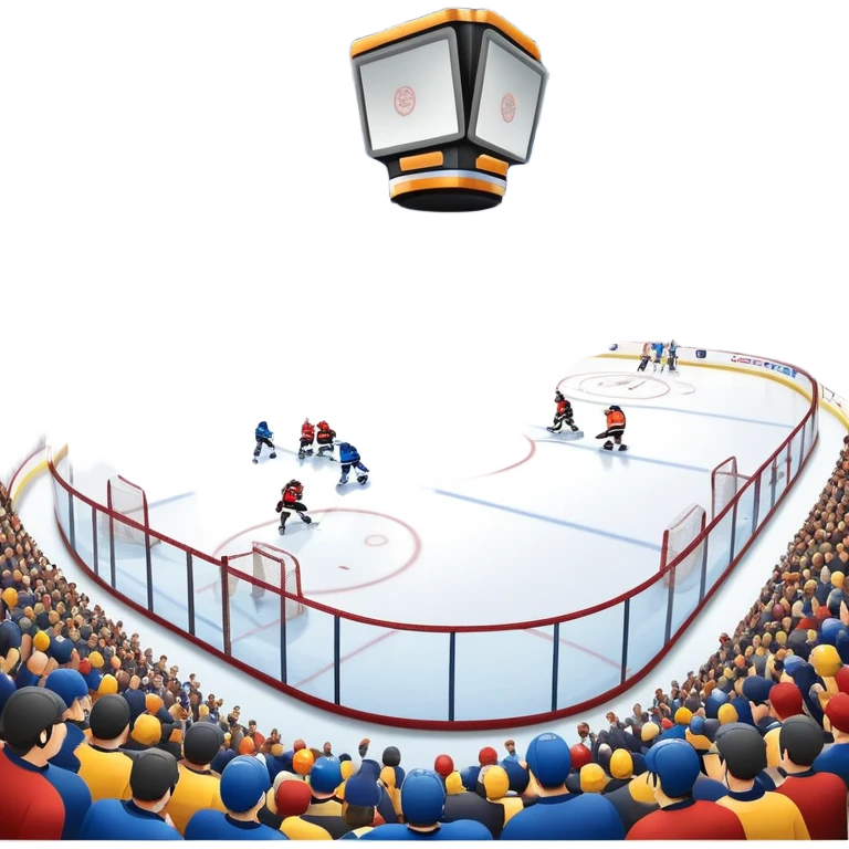 Please, make An icon featuring The background shows a packed stadium with cheering fans, bright arena lights, and an icy rink and close-up shots of key hockey equipment: a hockey stick, puck, and skates. Transparent background highlights the essentials of the game and the thrill of the sport. emoji