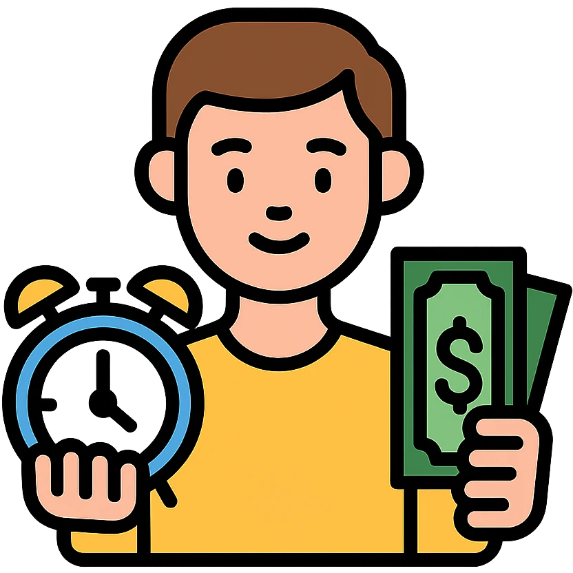 A man with short brown hair holding an alarm clock and money emoji