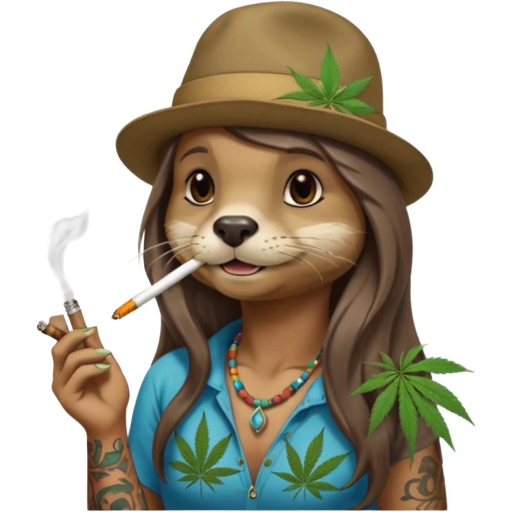 a female otter with long hair smoking a joint surrounded by marijuana fumes. a bit california hippy vibe, with tattoos emoji