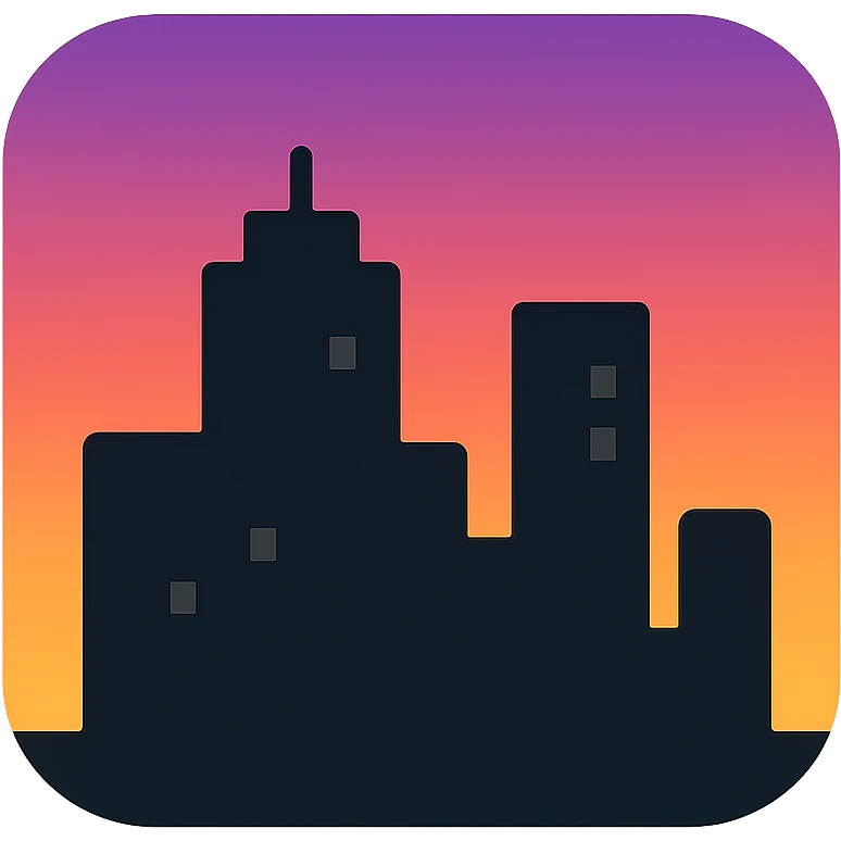 cityscape at dusk, silhouetted buildings, vibrant sunset colors, bold vector art style emoji