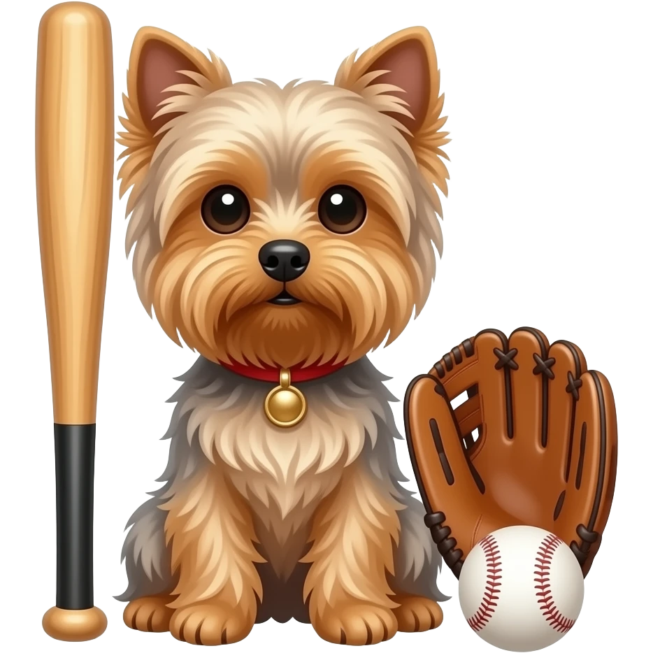 Yorkie dog sitting with baseball bat a glove and baseball emoji
