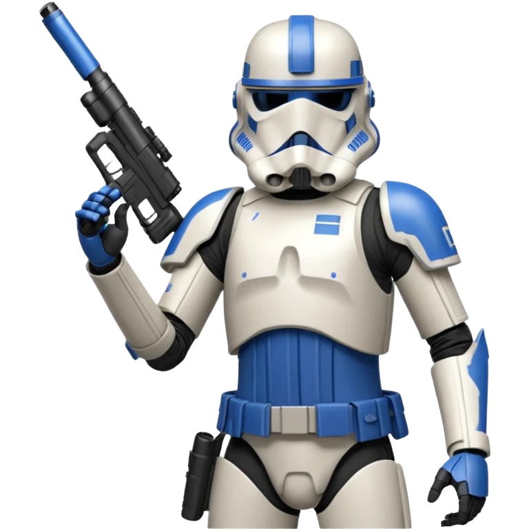 A starwars 501st clonetrooper with rally makes on the helmet holding his blaster in his left hand aiming the gun up with elbow bent so it’s not above the head emoji