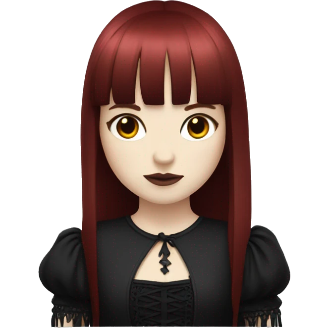 girl that has white skin and Long Dark red hair and fringe bangs and is wearing gothic dress emoji