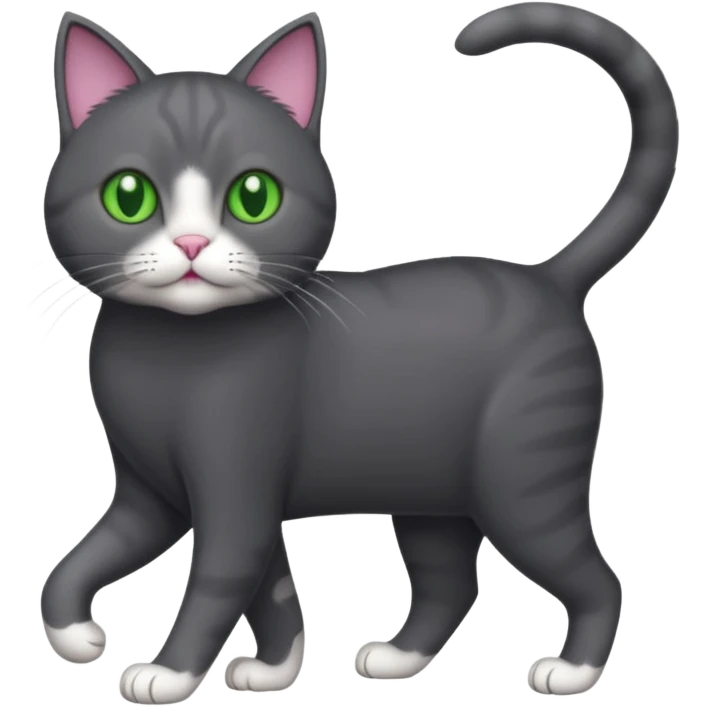 full body gorgeous solid dark grey cat with green eyes, white paws and white whiskers walking emoji