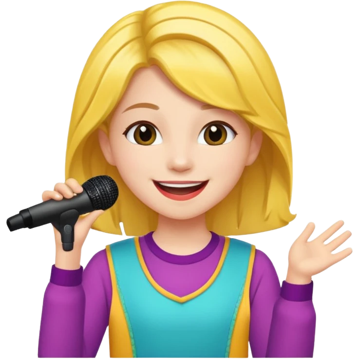 A cheerful teen singer with colorful outfit, performing with big smile.
 emoji