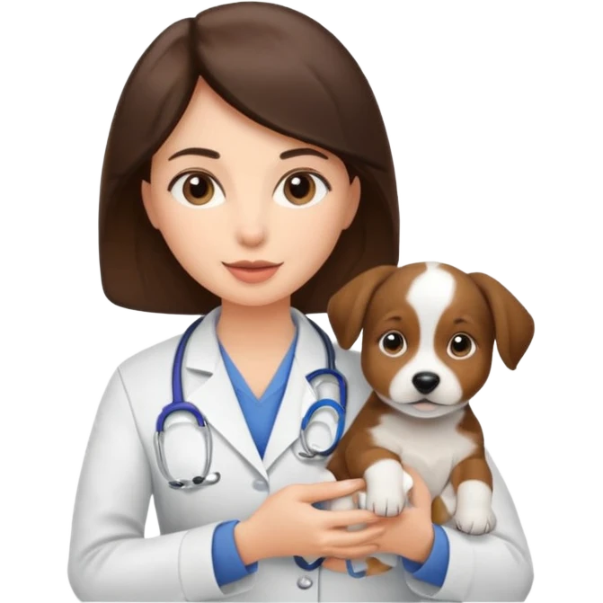 brunette woman veterinarian with puppy emoji