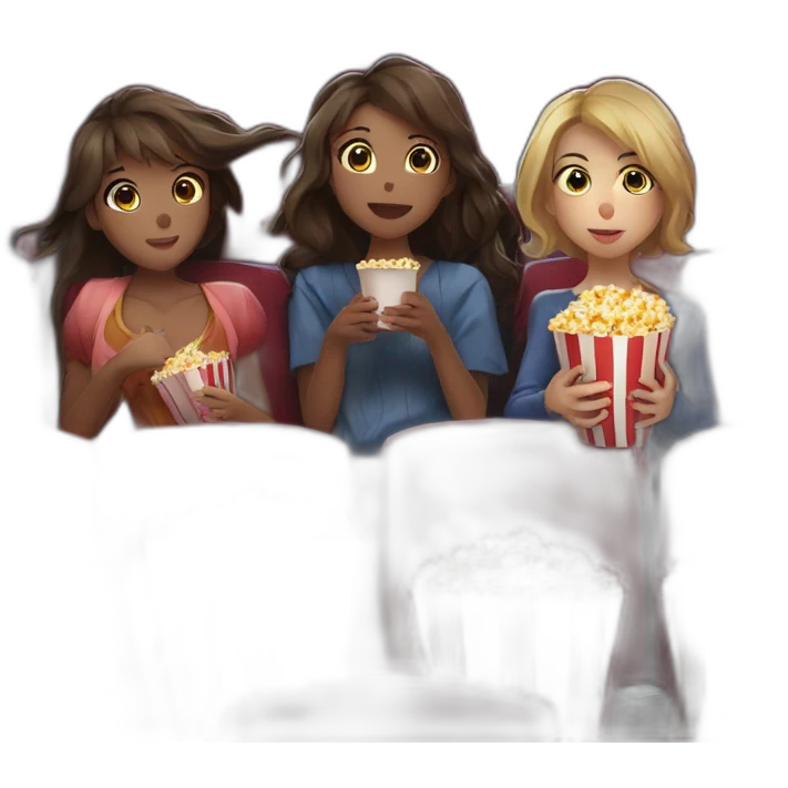 three beautiful anime ladies watching movie at the cinema eating popcorn, dark background emoji