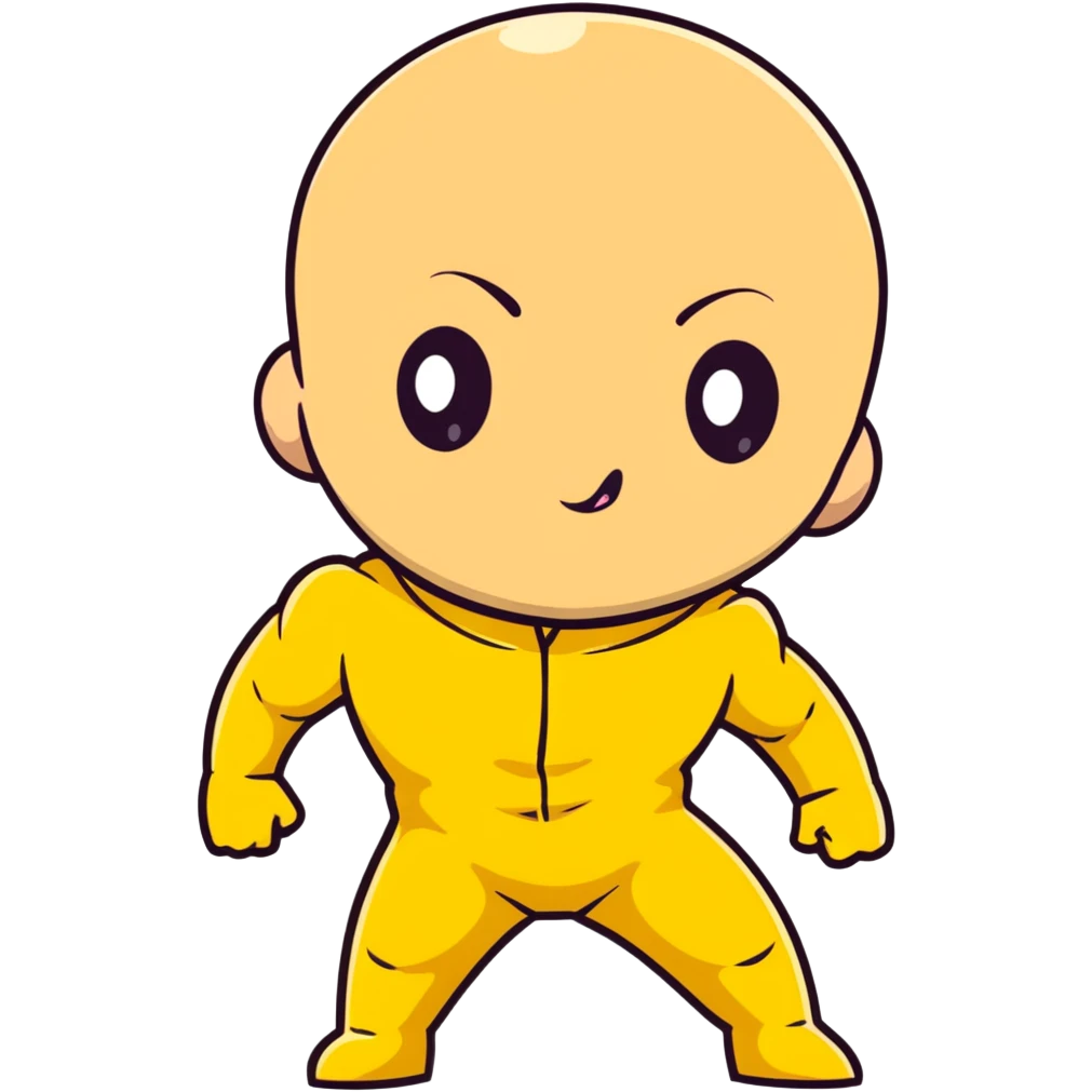 Saitama with blank face from One Punch Man, plain expression, bald head, simple round eyes, yellow hero suit, comical anime look emoji