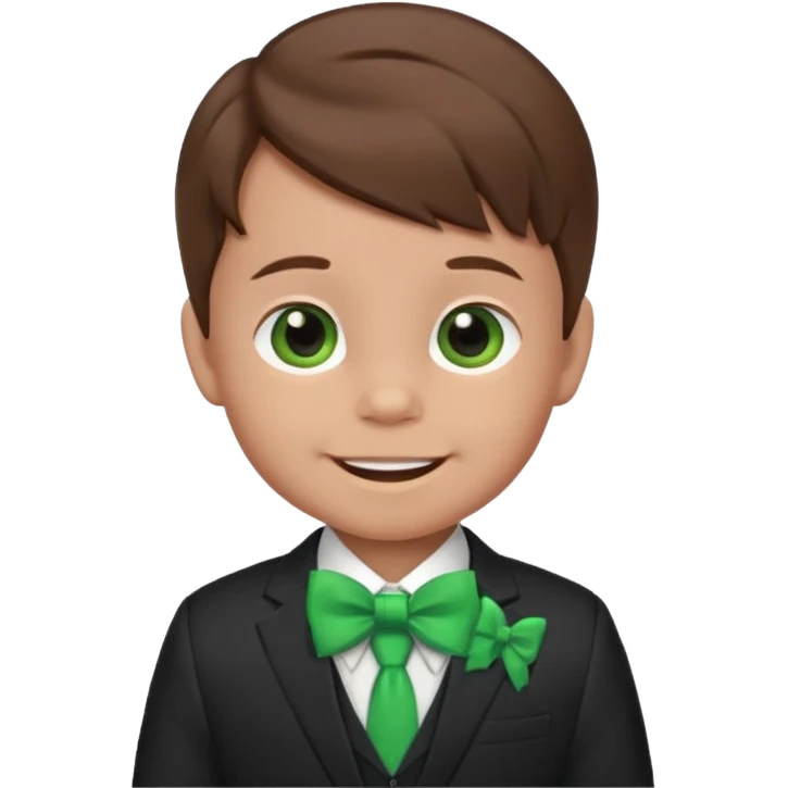 baby boy, brown hair in suit, with green bow, smile emoji