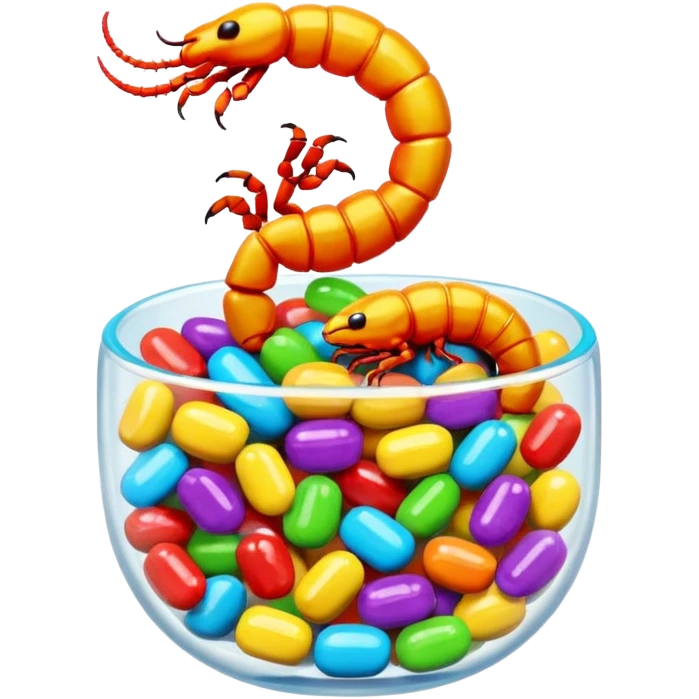 A 3D cartoon candy with a small scorpion inside, bright colors, clear reflection, realistic Memoji-style. emoji