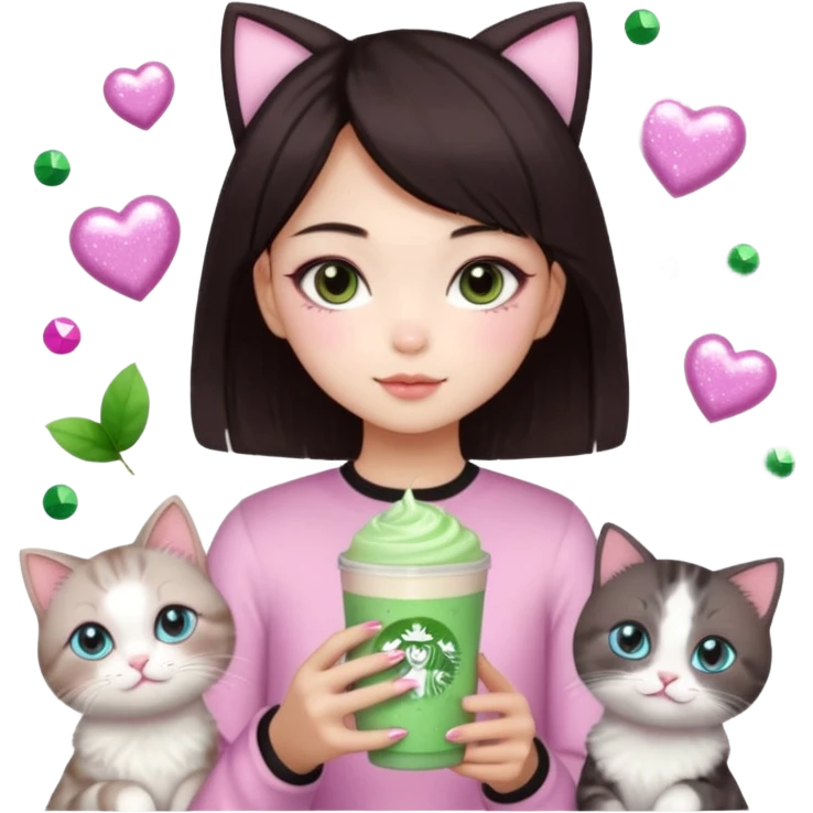 asian girl with short dark brown hair with a soft girl pink glowup aesthetic. matcha latte sparkles girly things, 2 ragdoll cats, skincare, makeup, money, luxury emoji