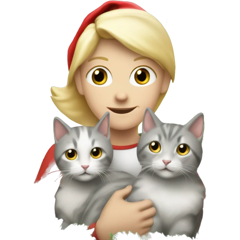 Blond kid with two white and grey Sibirien cats under a Christmas tree emoji