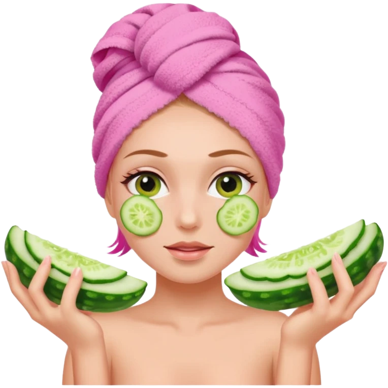 Girl with pink towel in hair cucumber slices on eyes  spa emoji