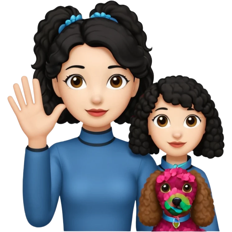Ponytail black hair girl with brown Poodle say goodbye  emoji