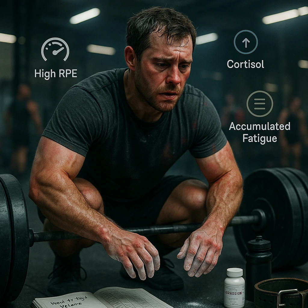 A muscular man in his early 30s, mid-workout in a gym, sweating heavily, expression showing fatigue and strain but still focused. He’s performing heavy barbell squats or deadlifts, with chalk-covered hands, and a visible training logbook nearby showing notes like 'Week 4 – High Volume'. Slight dark circles under his eyes, subtle red irritation around joints and tendons, symbolizing overuse. A water bottle, magnesium supplement, and lifting belt on the floor. Background: a real gym environment with other athletes, slightly blurred. Ambient lighting: cool tones with overhead gym lights. Optional floating icons showing high RPE, accumulated fatigue, cortisol levels slightly elevated. Style: cinematic realism, emotionally intense yet grounded in sports physiology. emoji
