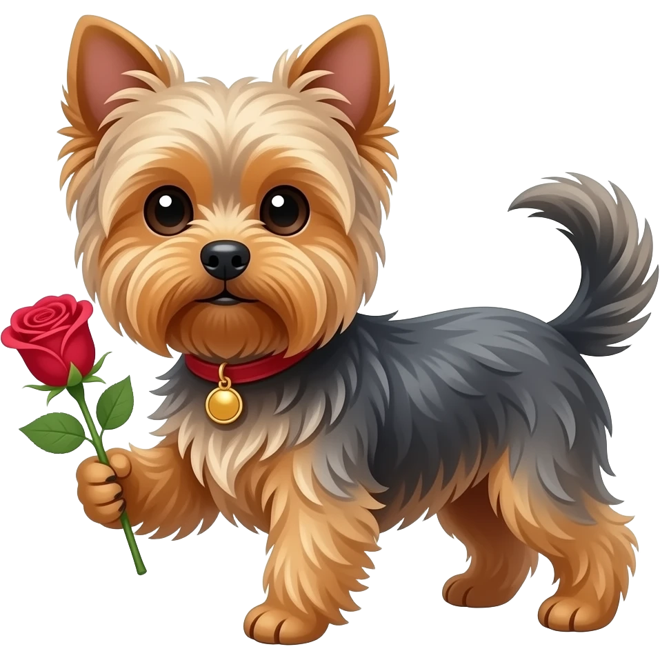 Yorkie dog with flat ears long tail holding a rose emoji