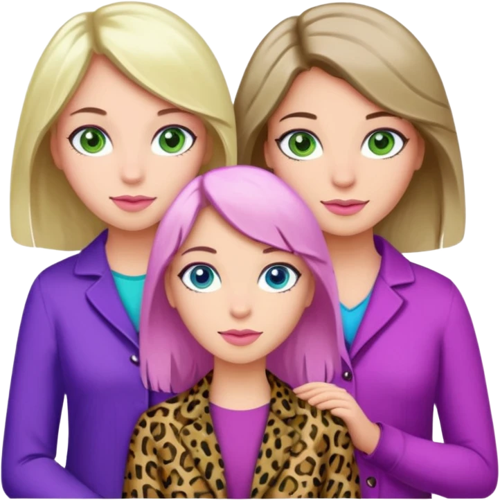 I want a brunette girl who really likes pink and leopard print, another blonde with blue eyes who likes blue, and another with light brown hair, green eyes, and purple and green colors. All together.   emoji