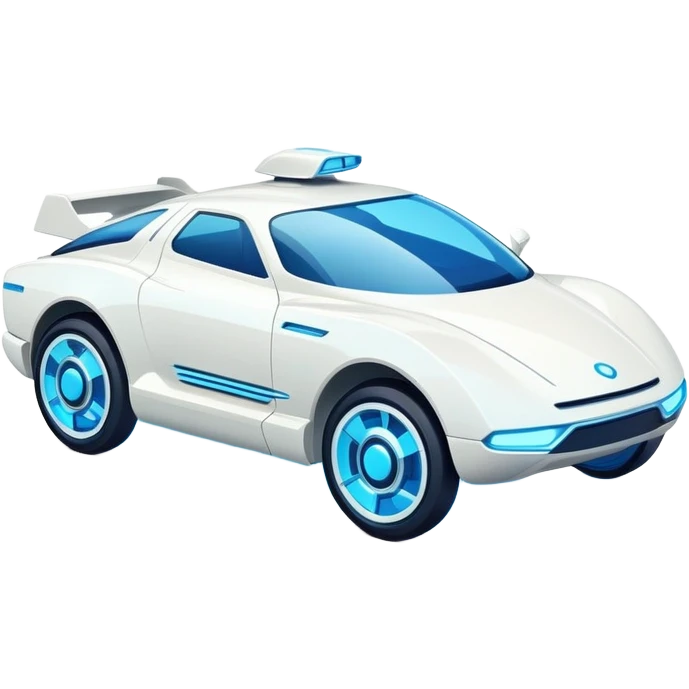 Futuristic retro hover white car with angular design and glowing blue wheels, flat vector style, minimal color palette with blue highlights emoji