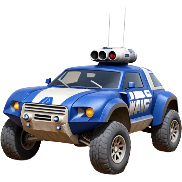 Weathered and well armed Star Wars’s Range trooper’s police evil darkly night blue Dirty and dented Local Motors Rally Fighter off road race car hot rod meets hummer trophy truck-style basher flying down a dusty road catching everything (silver wheels) emoji