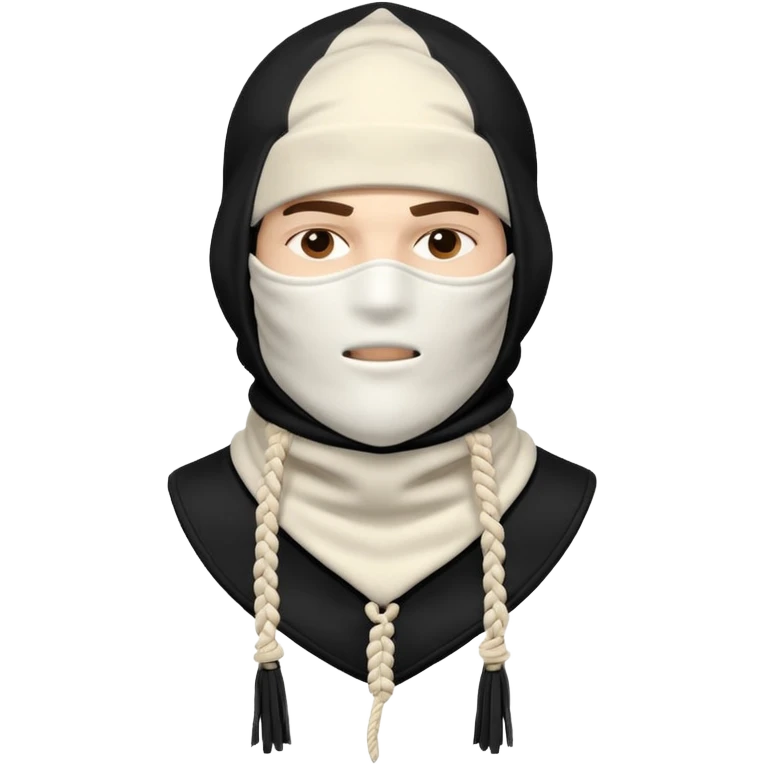 Deconstructed off-white balaclava with frayed layers, rope tassels, subtle embroidery. Studio photo, white bg, soft light. Streetwear luxury style.
 emoji