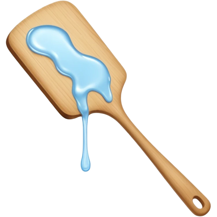 a close-up, minimalist shot of a viscous, pearly substance slowly dripping from a wooden spatula against a neutral gray background. emoji