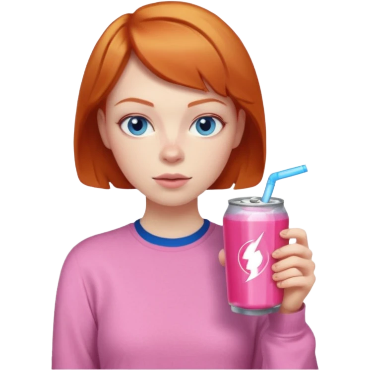 ginger woman short hair, pink shirt, sipping energy drink blue eyes cosy  emoji