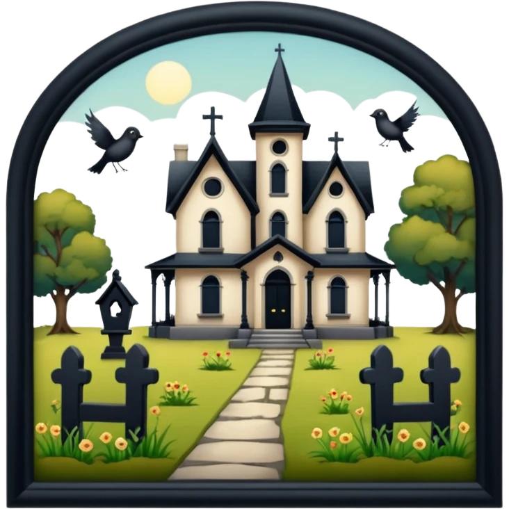 Adams Family style Romantically overgrown Haunting graveyard field Victorian mansion birdhouse  emoji