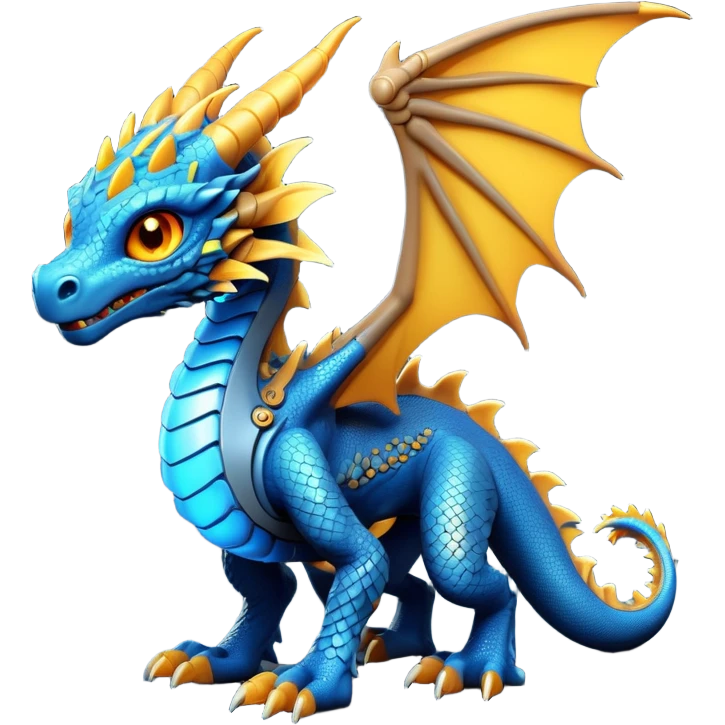 A charming little cybernetic dragon with glowing blue and yellow scales, with intricate mechanical details visible on its body. It has large, expressive dark orange eyes and small, developing wings. The dragon stands on a smooth gray-blue surface with a dark blue defocused background
 emoji
