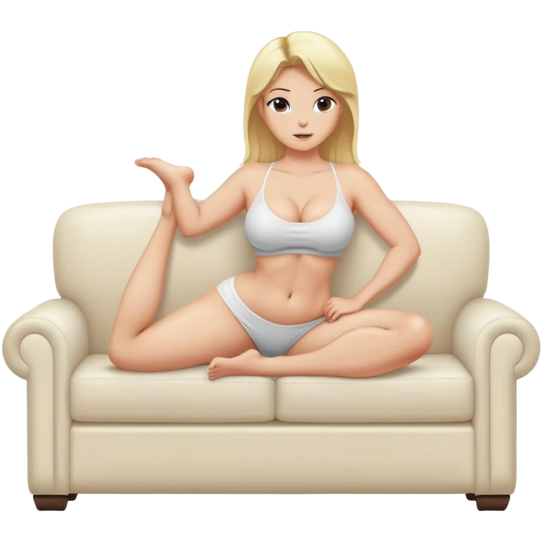 fullbody busty blonde shirtless topless buxom on couch in stretching hamstrings sfw emoji