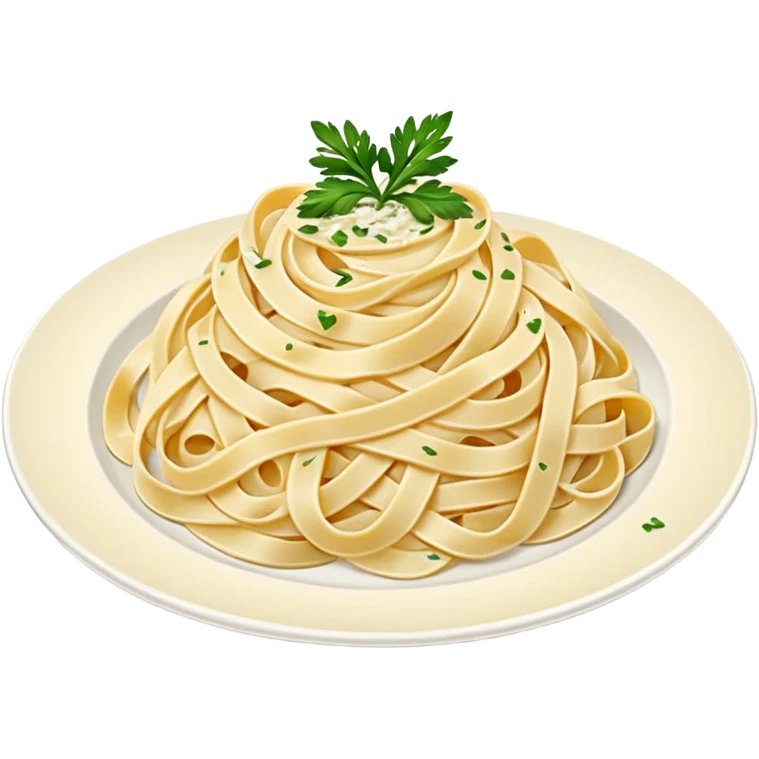Illustrate creamy fettuccine alfredo pasta on a white plate. emoji