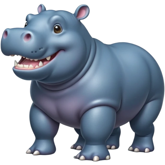 cinematic-hippo-realistic-full-body-side-view-standing-on-all-fours-emoji,-massive-round-frame,-wide-mouthed-grin-exposing-huge-teeth,-head-tilted-dramatically,-thick-greyish blue-hide-glossy, big cute eyes emoji