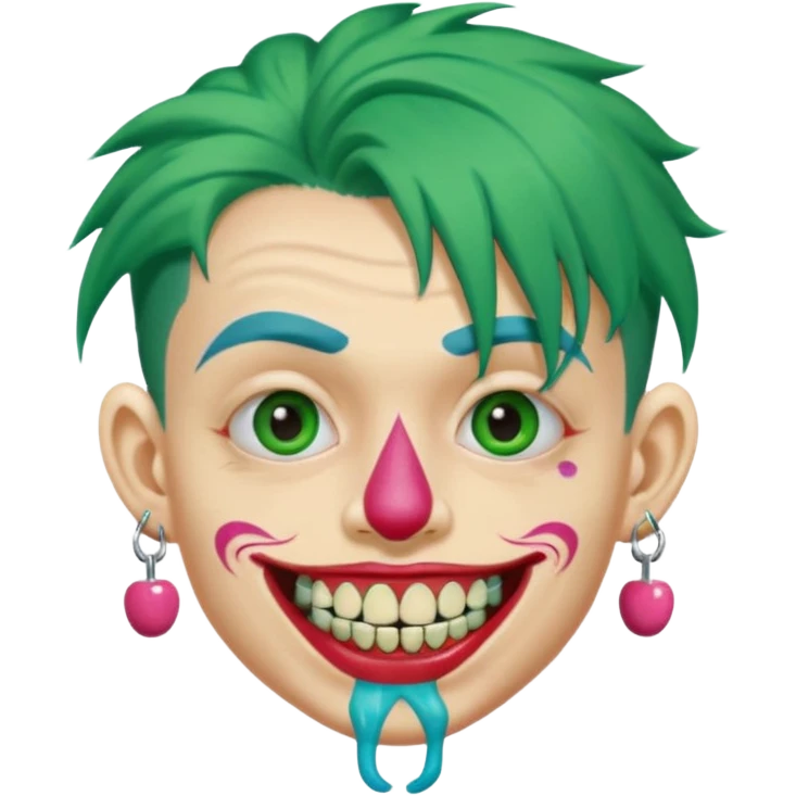 very colorful puffy green haired man made out of candy wearing teeth-braces and excessive face tattoos and excessive piercing just face  emoji