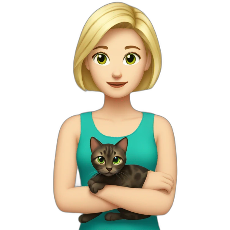 Blonde woman with short hair and blue green eyes with her dark tortoise shell cat emoji