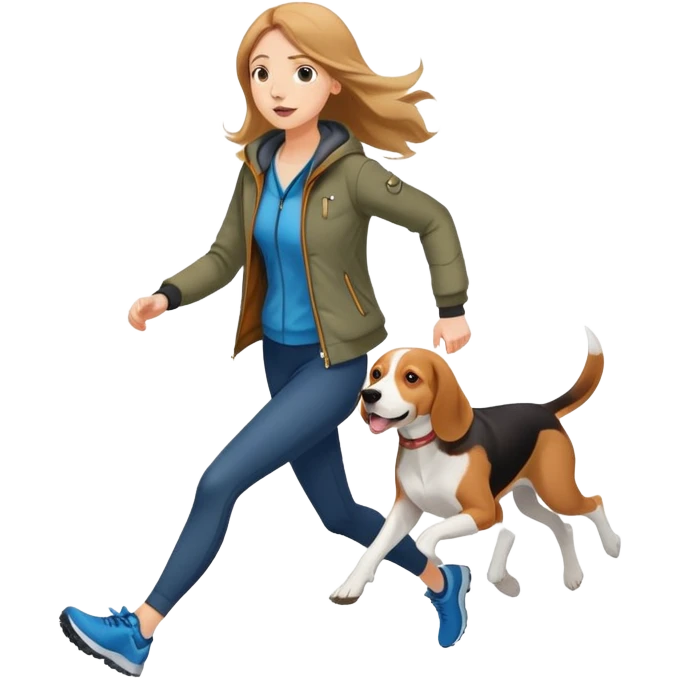 A beautiful tall girl with fair skin and long hair wearing a jacket and running with a beagle emoji