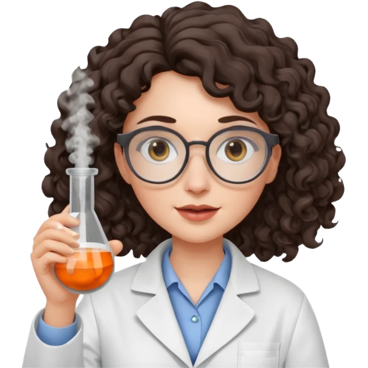 A crazy female scientist, with curly dark brown hair, brown eyes and grey glasses and pale skin  emoji